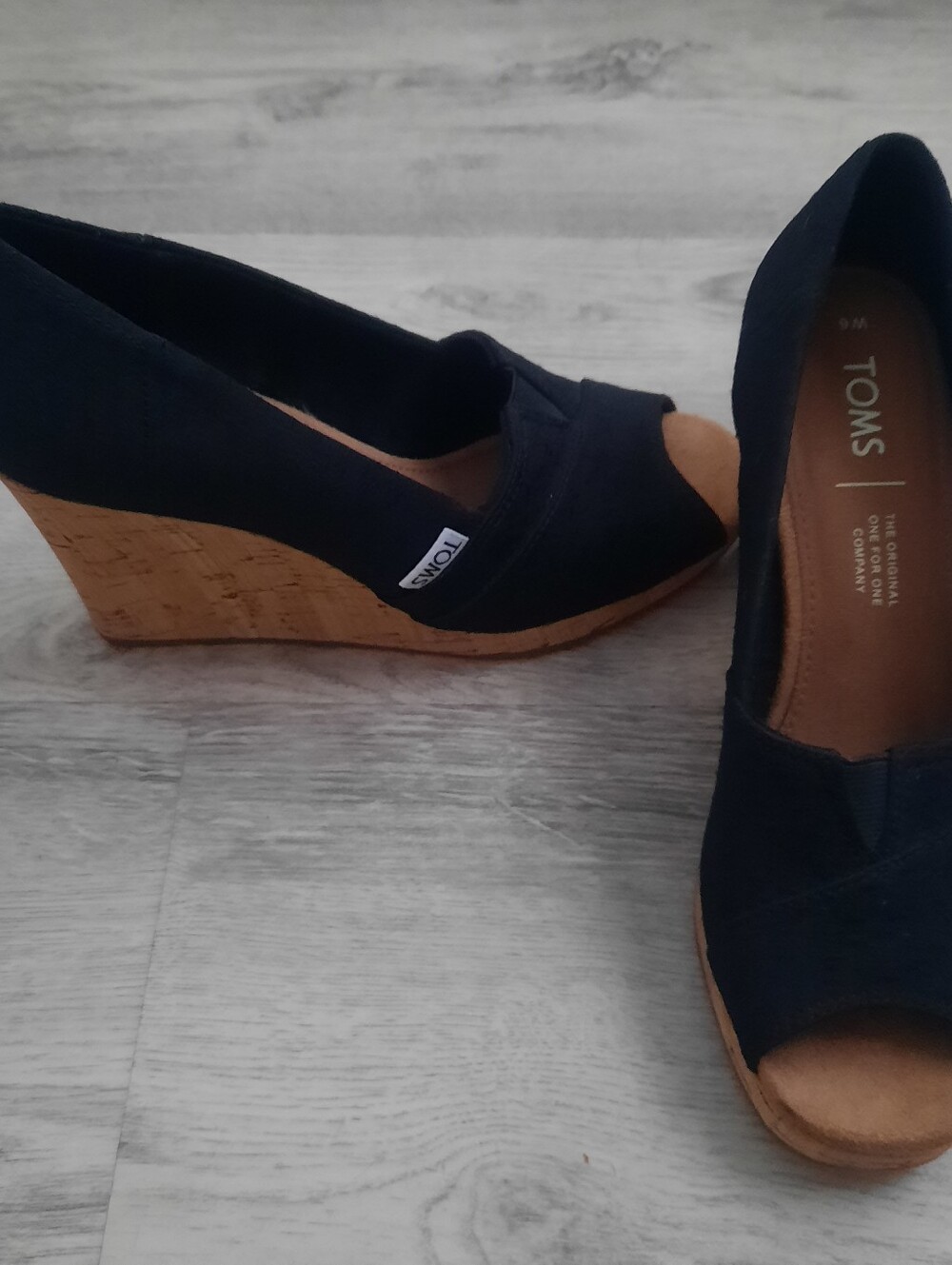 Toms Black Canvas Cork Wedge Peep-Toe Heels